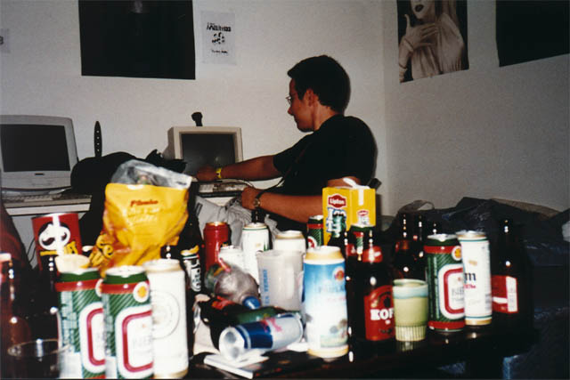 Noname showing demos on Amiga (in front: the mess after some days of partying)